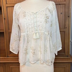 Abercrombie & Fitch Gold Embossed Peplum Sheer Blouse, Size small